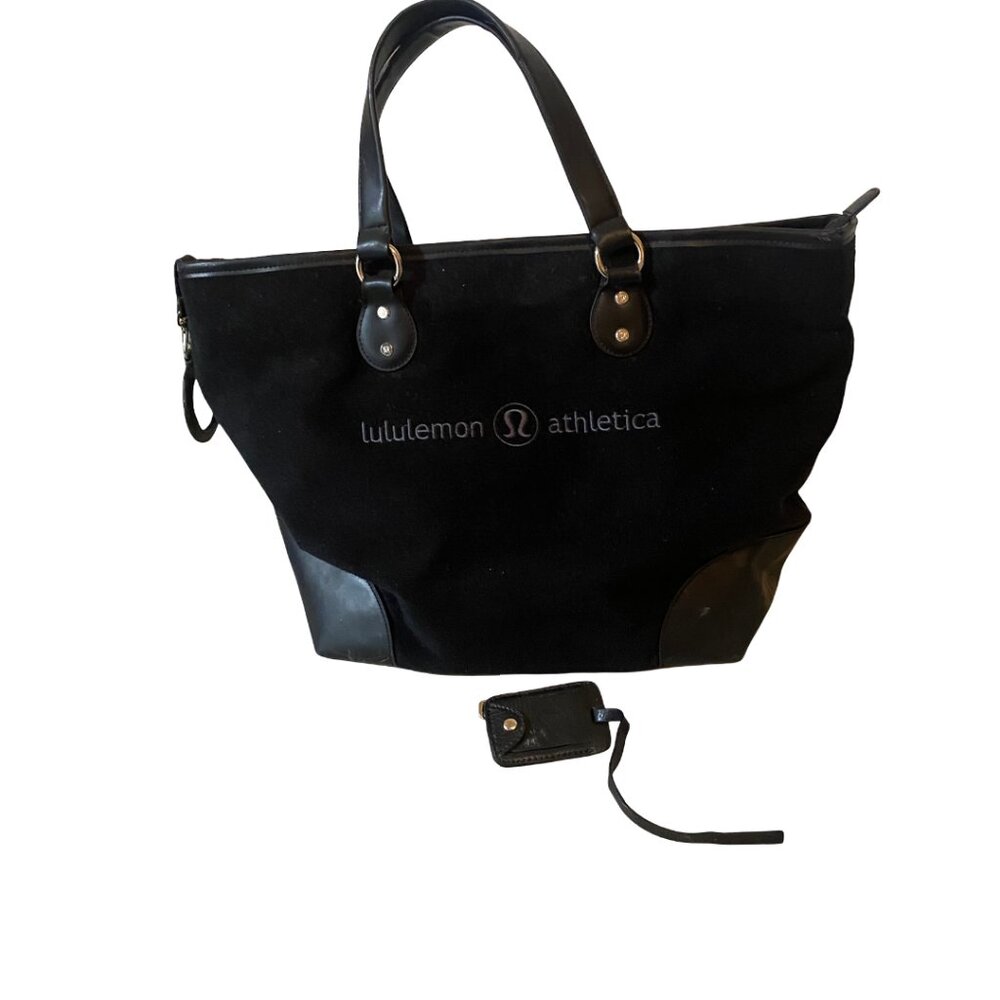 Lululemon Athletica Large Black Canvas Tote with Leather Trim and Keychain